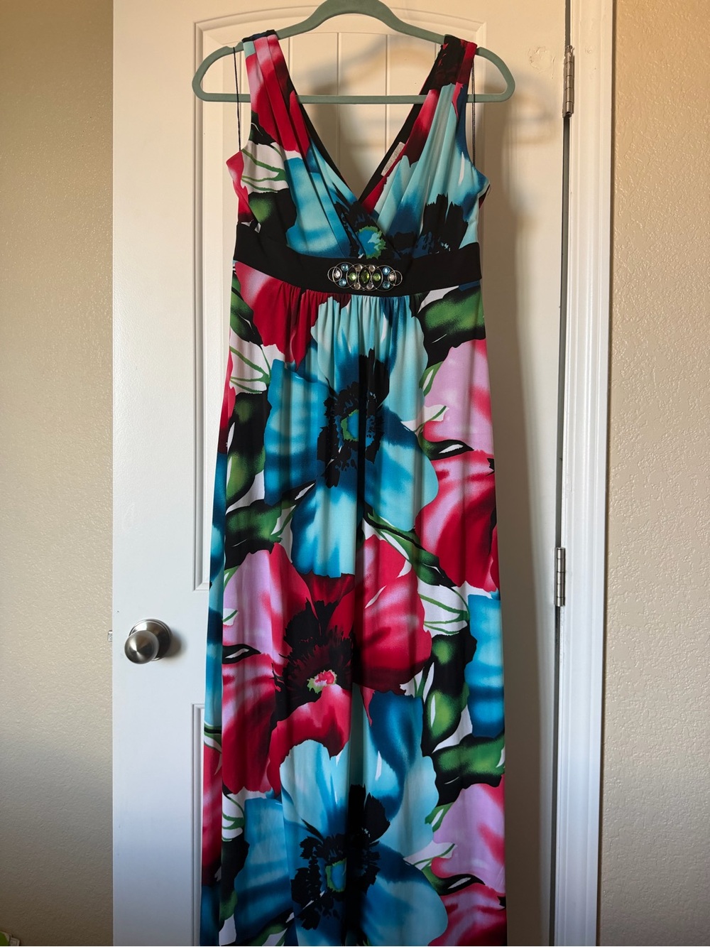 Dress Barn Floral V-Neck Maxi Dress in Blue, Pink & Green